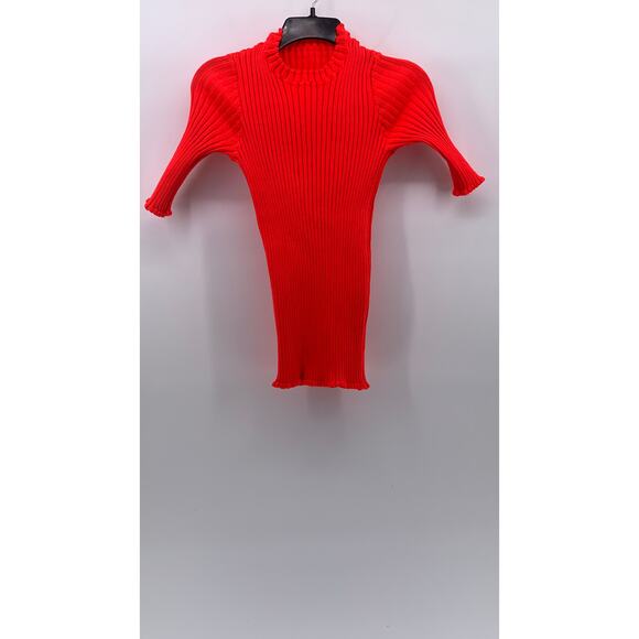 UNBRANDED Women's Neon Orange Ribbed High-Neck Short Sleeve Top SZ XS/S - Picture 2 of 10